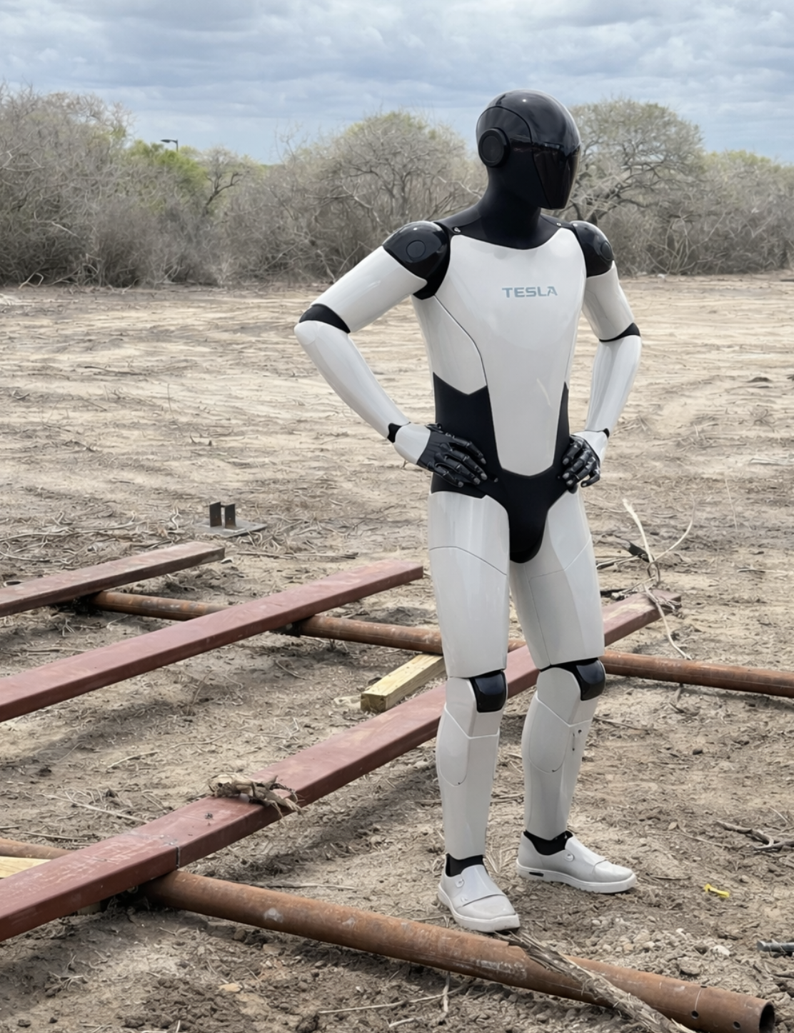 Tesla Optimus robot standing at the Mars Embassy site