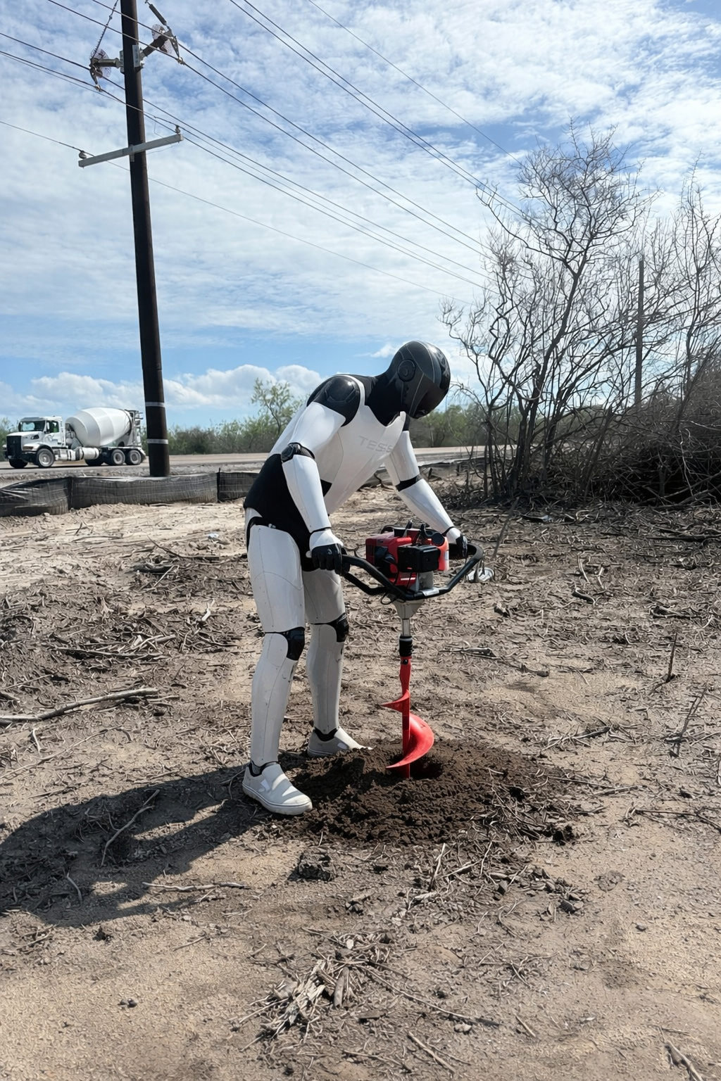 Tesla Optimus robot drilling at the Mars Embassy site